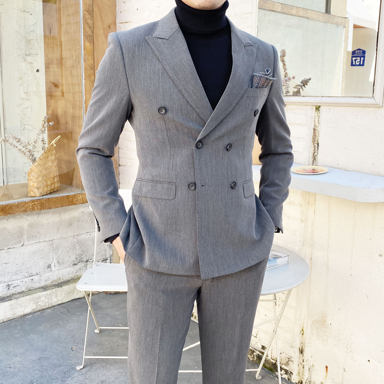 双排扣西服套装男商务正装韩版潮流修身帅气休闲结婚小西装男英伦