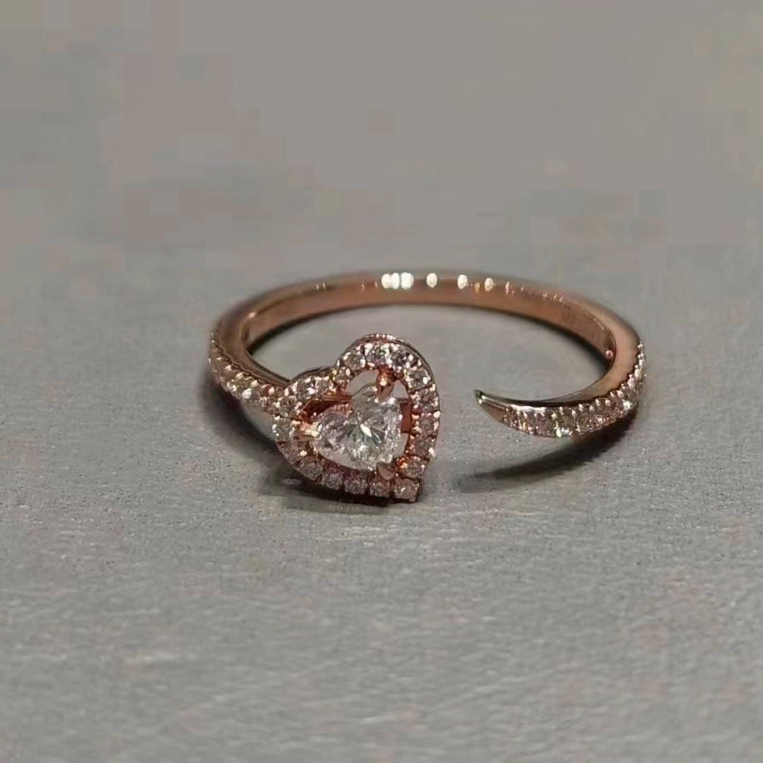 跨境欧美西卡日韩清新甜美玫瑰金爱心心形镶钻开口可调节女士戒指