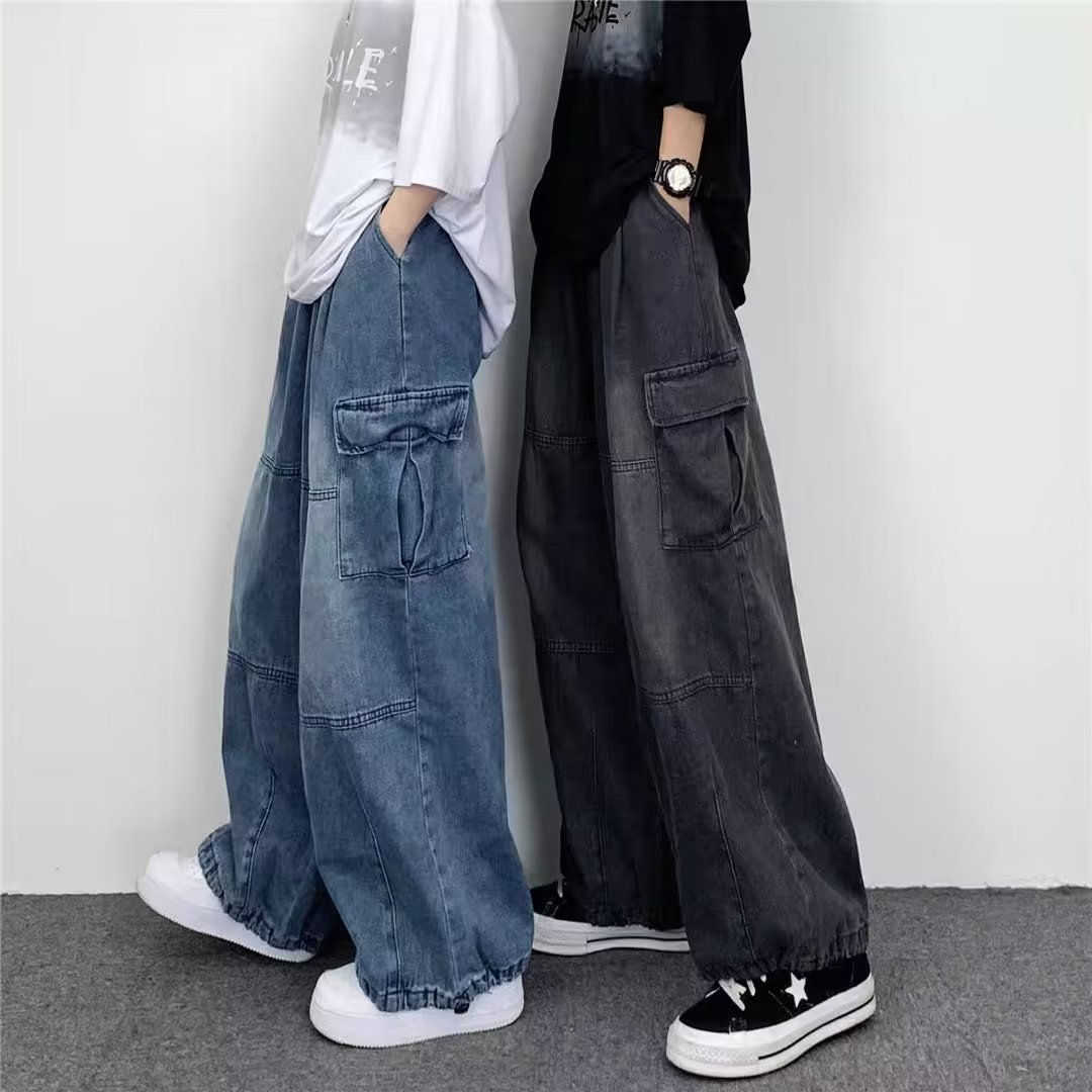 Japanese-Style Retro Wide Leg Large Pocket Overalls Men's Summer New Fashion Brand Ins Neutral Loose Straight Jeans