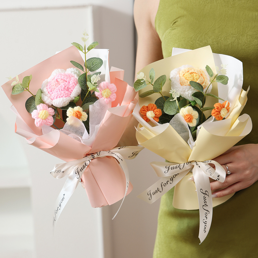 毛线花玫瑰手工花成品向日葵三八母亲节针织花手捧花束批发礼品