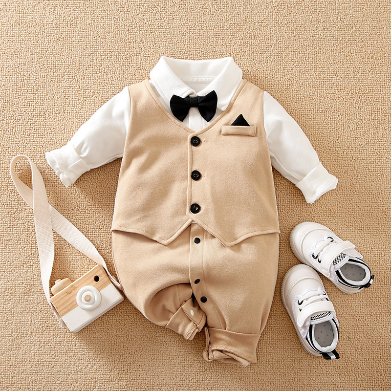 Spring and Autumn New Baby Gentleman Long-Sleeved Jumpsuit Baby Boy One Month Old Outfit Newborn Rompers Ins Children's Clothing Baby Clothes