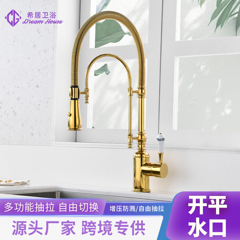 Cross-Border American Spring Pull-out Faucet Brushed Golden Hot and Cold Dual-Use Kitchen Faucet Source Wholesale Water Tap