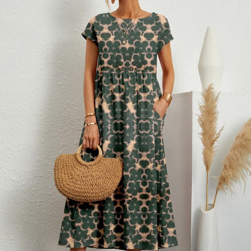 2023跨境外贸欧美新款时尚女士宽松棉麻无袖圆领印花夏季连衣裙