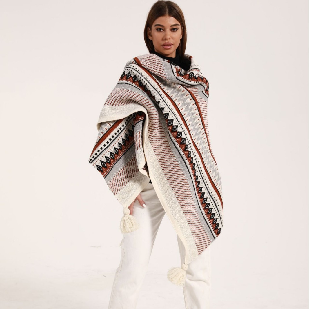 2023 Cross-Border Winter European and American Style Knitted Jacquard Shawl Thickened Warm Fashionable Outerwear Geometric Cloak