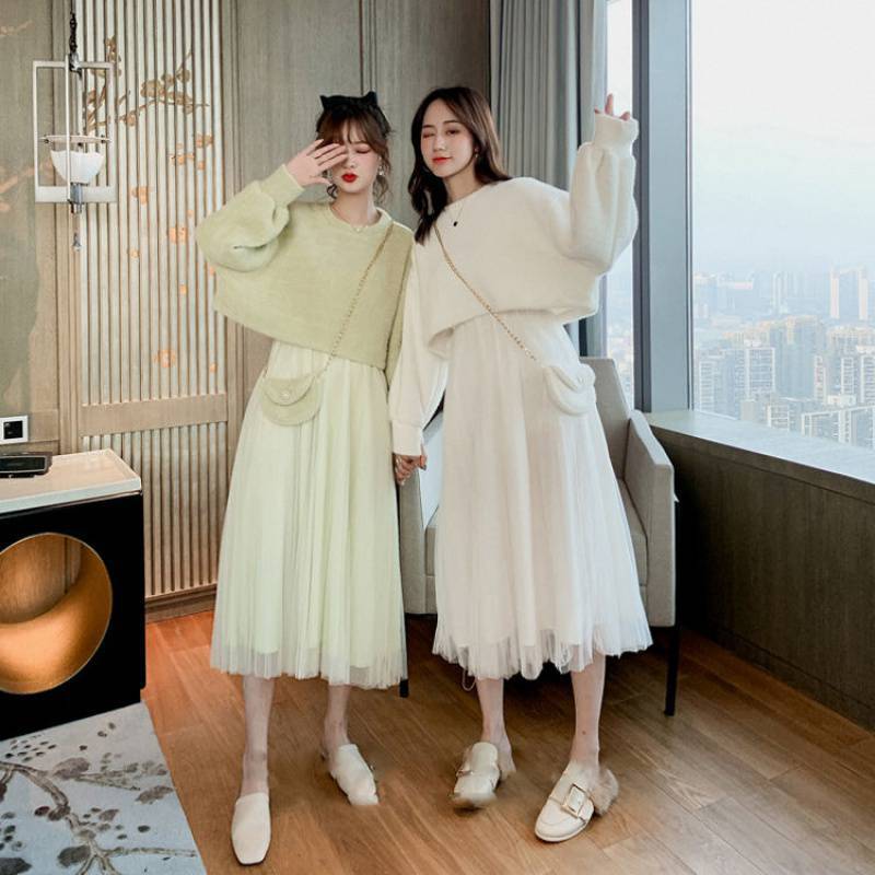 连衣裙套装女秋季网纱裙子两件套小个子学生闺蜜装套装两人淑女软