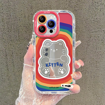 适用苹果15pm手机壳iphone14彩虹猫咪13pro镜面防摔12/11透明软边