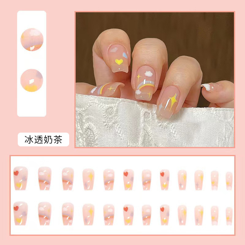 Ins Wind Air Sense Jelly Glue Nail Stickers High Sense Wear Nail Tip Finished Product Popular Color Short and Long Wholesale