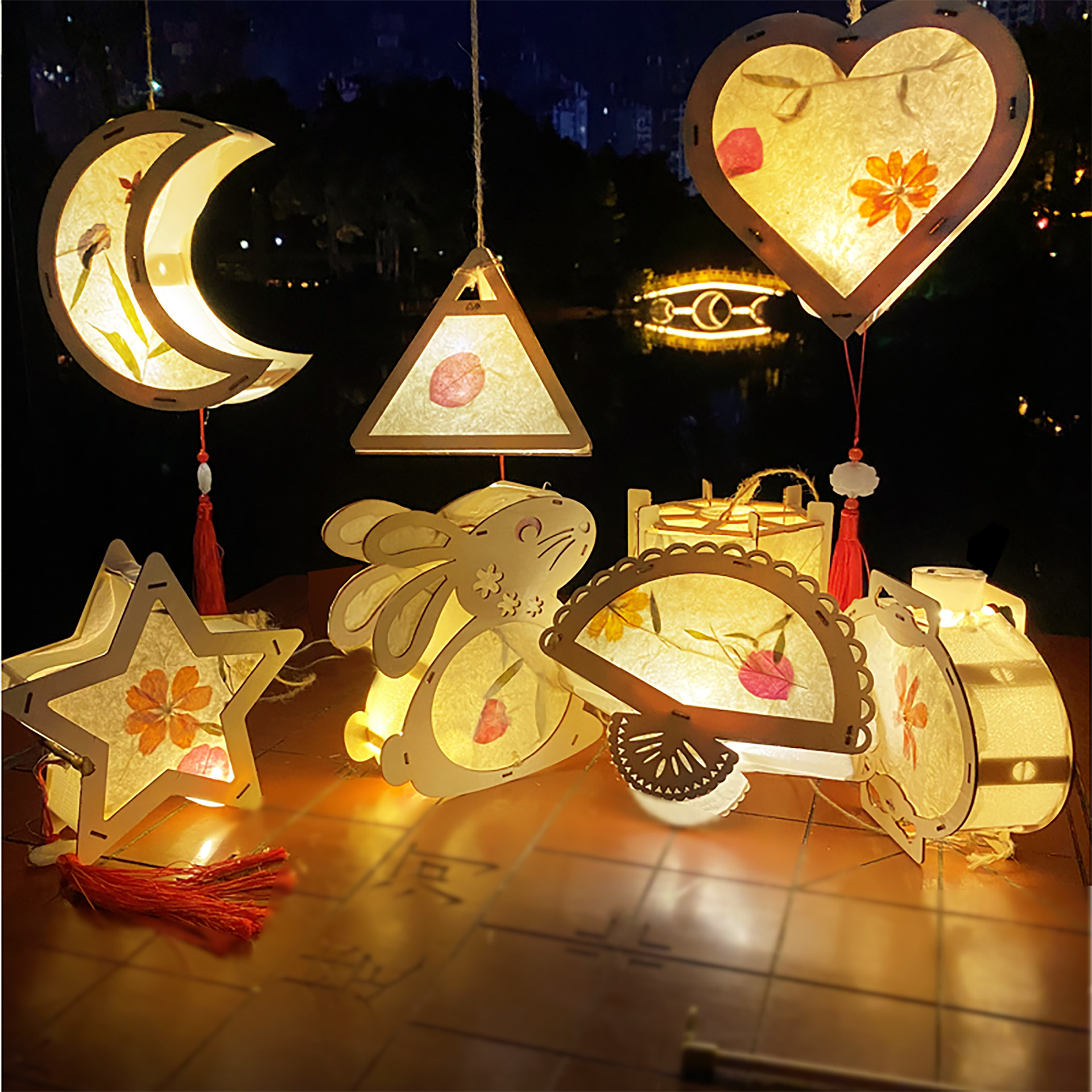 中秋节木雕兔子月亮桃心灯笼汉服手提diy古风花草纸花灯材料包