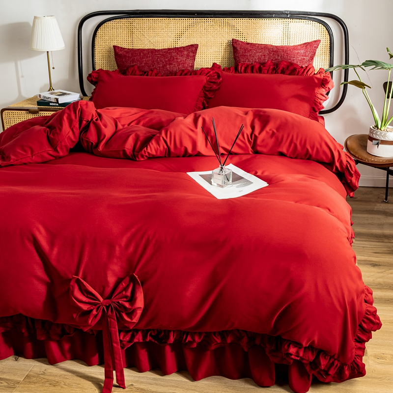 18nins公主风荷叶边四件套结婚红色床上四件套婚庆陪嫁喜被韩式被
