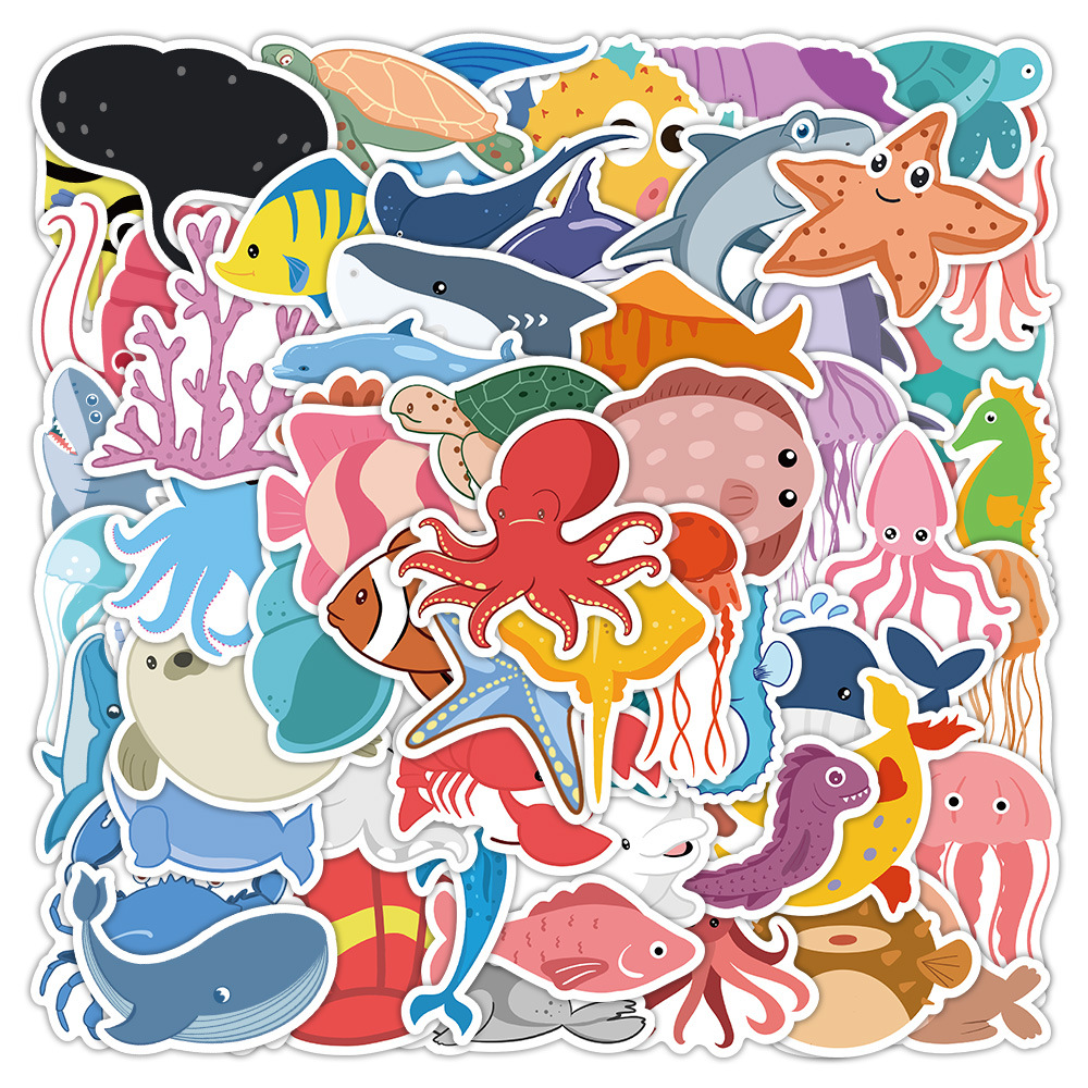 60张海洋生物卡通涂鸦贴纸装饰滑板车行李箱吉他防水贴画批发