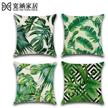跨境新款热带植物绿色叶子主题抱枕套靠垫套亚麻棉麻印花家居汽车