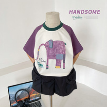 风之谷2024夏季新款童装儿童韩版潮流撞色T恤男女童紫色大象短袖