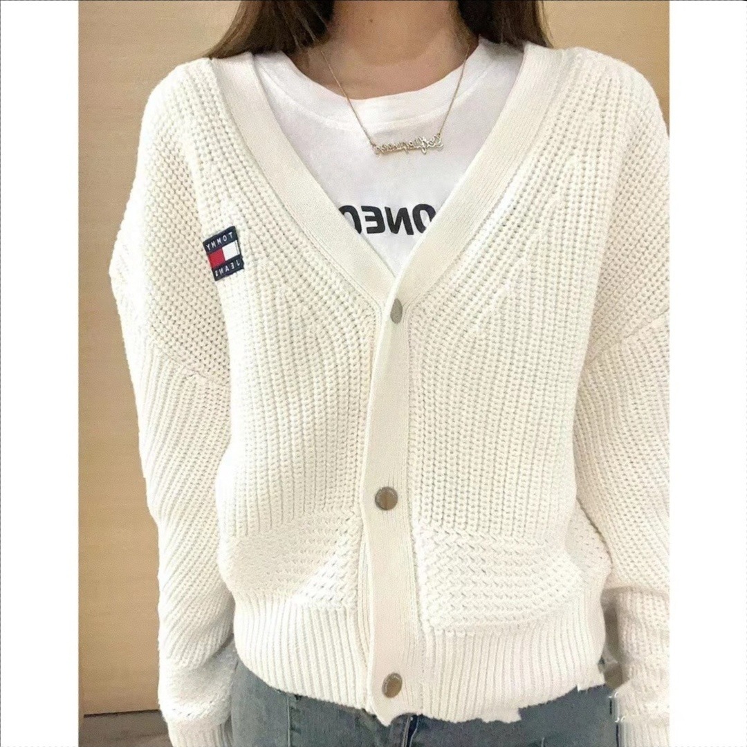 汤米tommy 毛衣女士白色开衫套头宽松欧美慵懒风小标白色针织衫