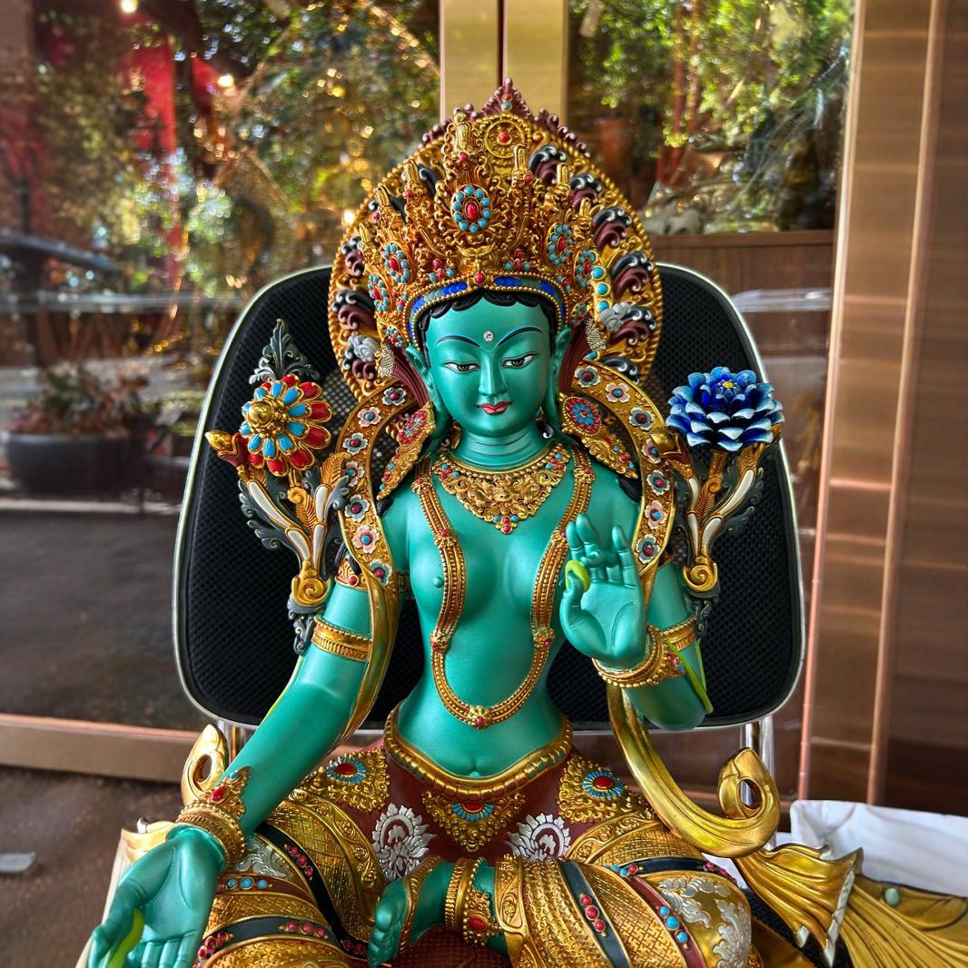 密宗精品台湾工艺彩绘55cm绿度母佛像居家铜度母桌面摆件藏传铜