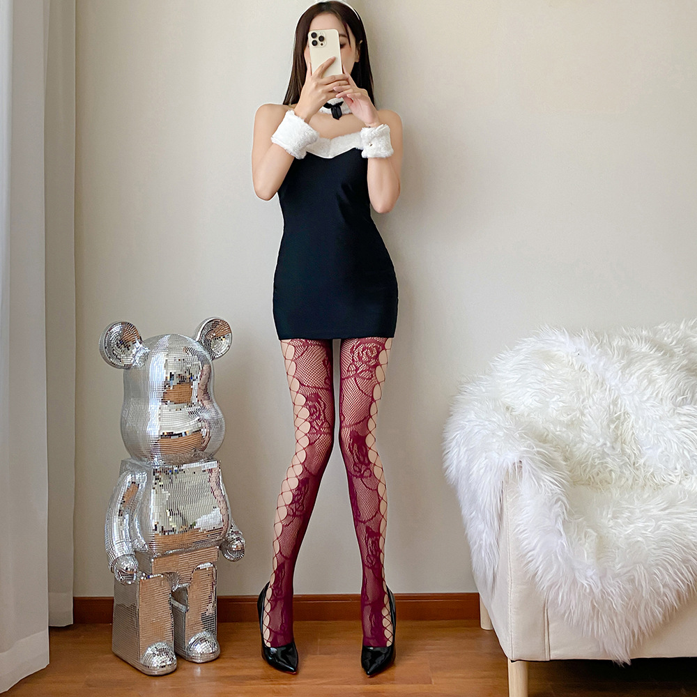 酒红网袜网红薄款镂空提花袜子花朵图案黑丝袜打底袜jk丝袜3082