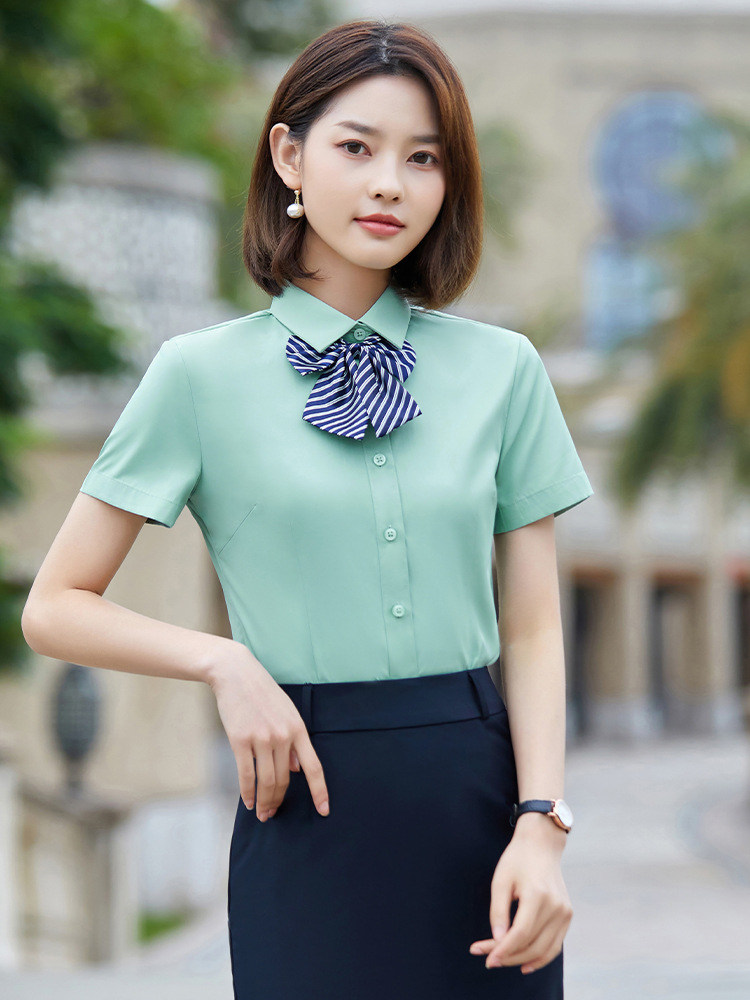 Slim-Fitting Iron-Free Business Wear Short Sleeve Women's Shirt Teacher Work Clothes Hotel Business Blue White and Gray Shirt