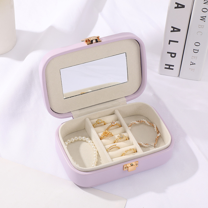 Cute and Compact Multi-Grid with Mirror Jewelry Box Small Portable Jewelry Box PU Leather Candy Multi-Color Jewelry Storage Box