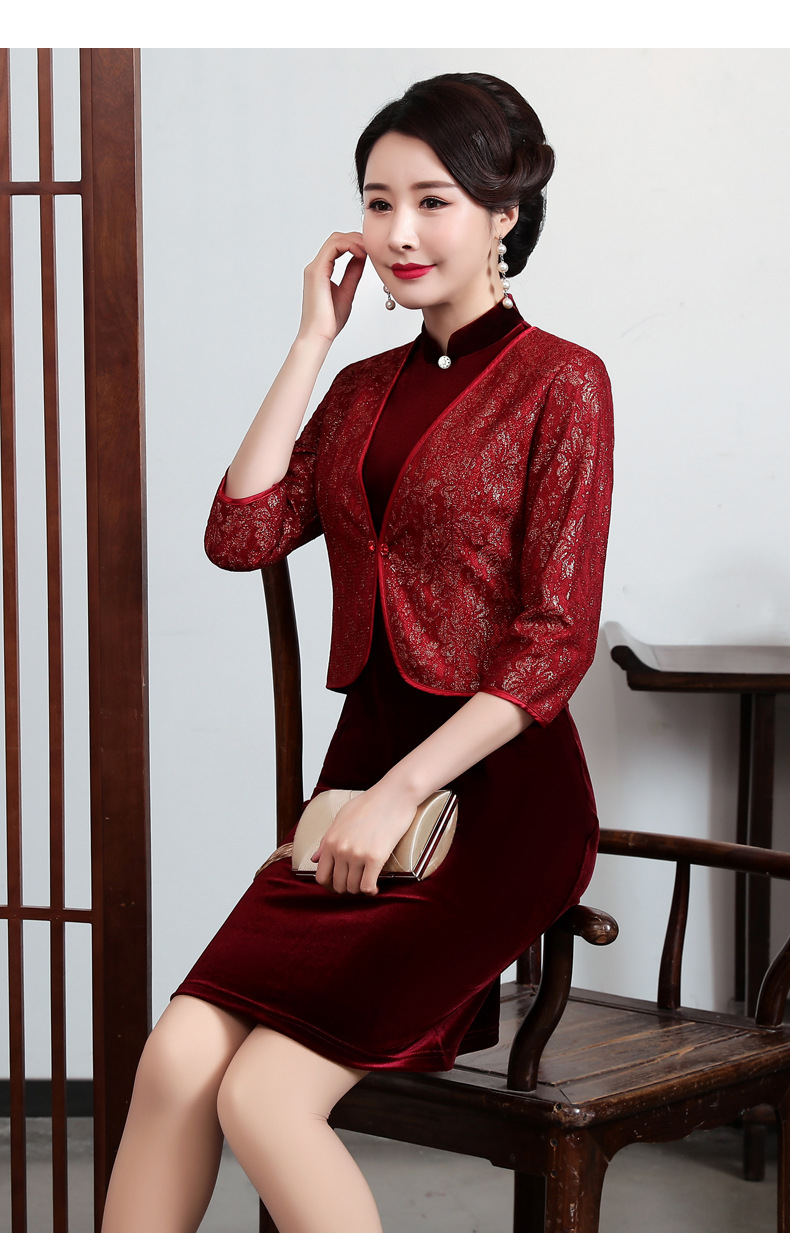 婚礼妈妈礼服春装连衣裙丝绒七分袖套装新娘喜婆婆婚宴装两件套