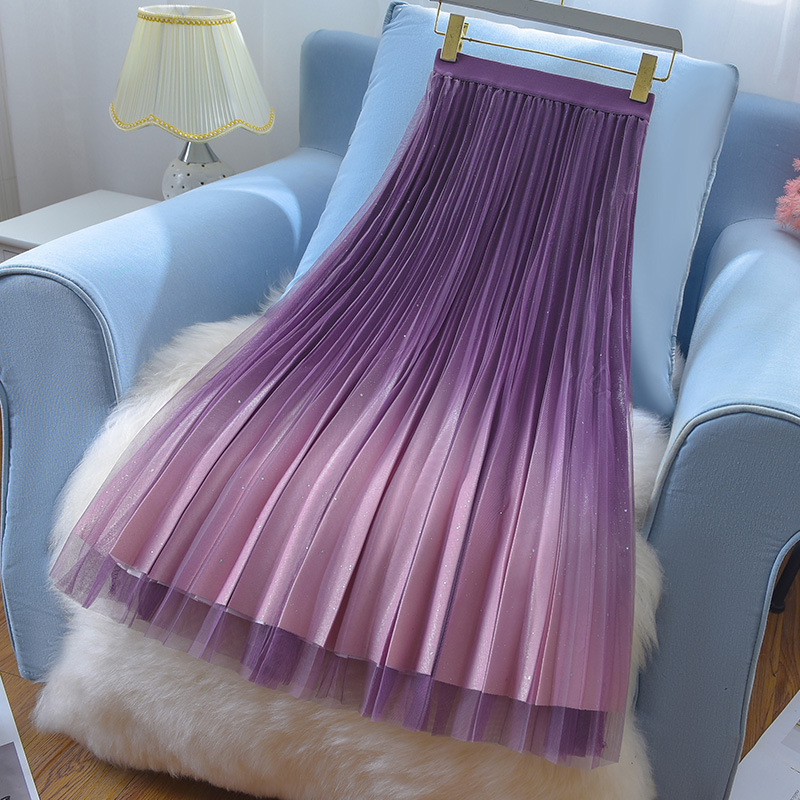 网纱半身裙子中长款薄款夏季新款闪光黑色百褶女长裙纱裙半裙