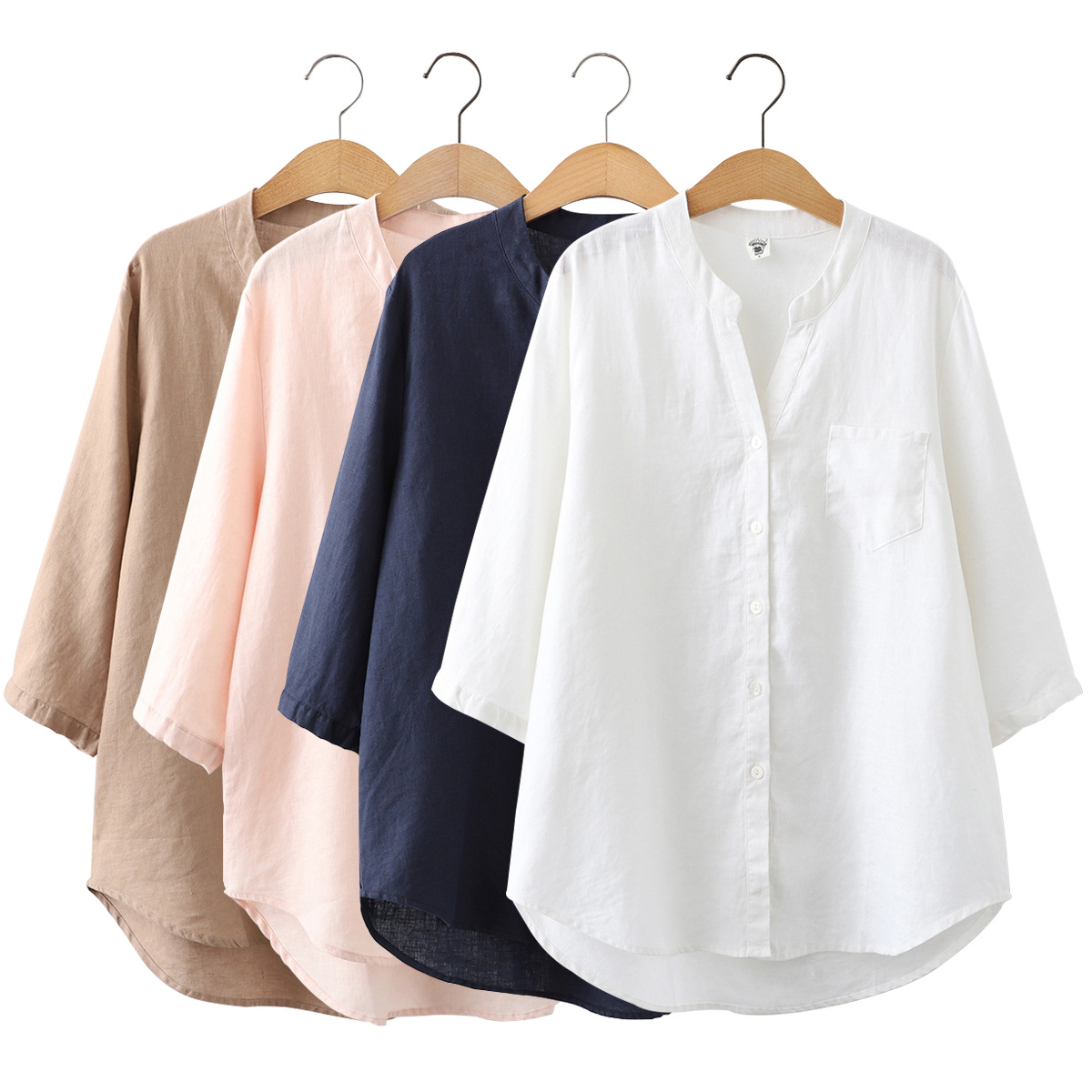 厂家直批v领亚麻七分袖白衬衫女士宽松上衣简约休闲2021夏装新款