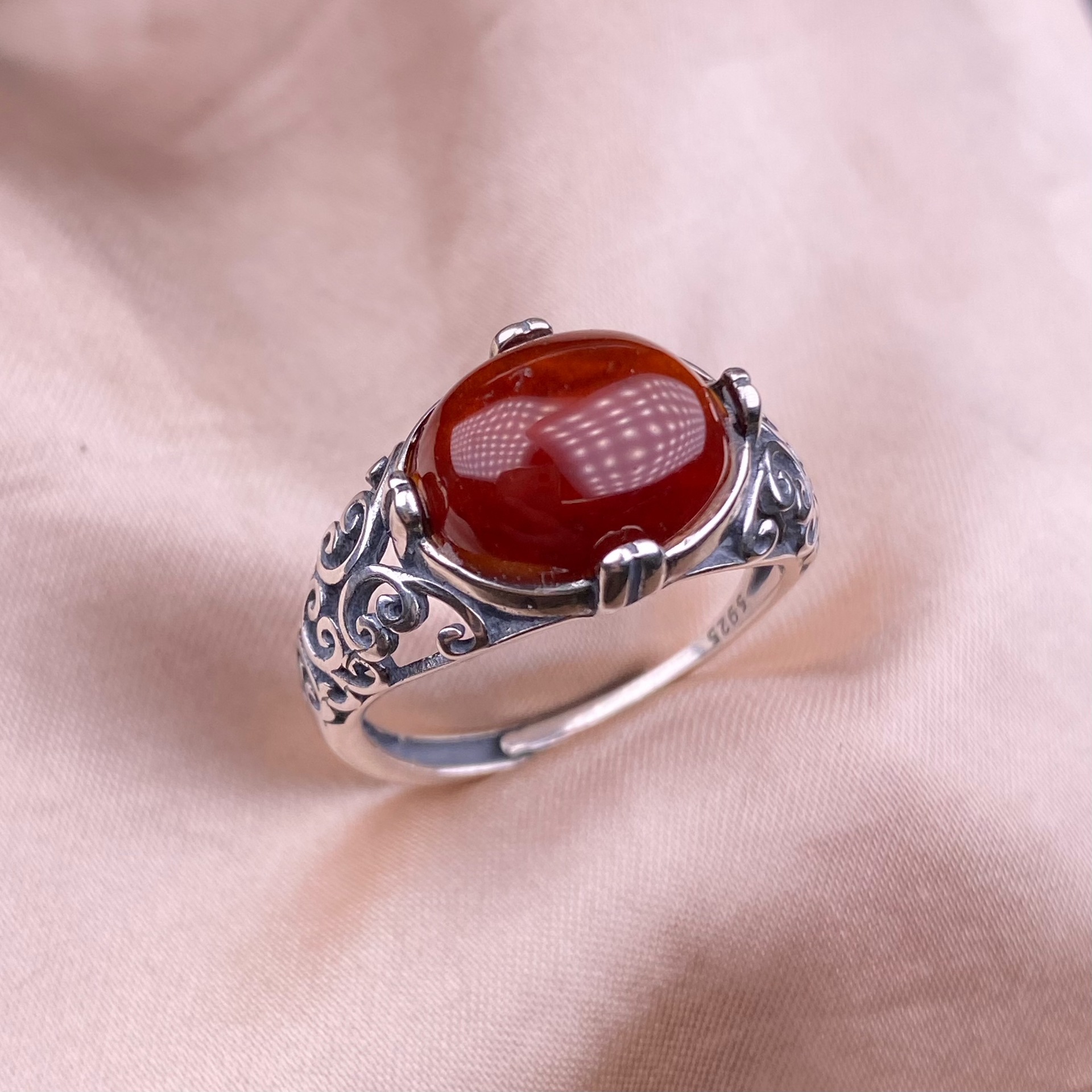 石榴石戒指s925银镶嵌复古银饰品宽版精致女小众大气橙石榴石银饰