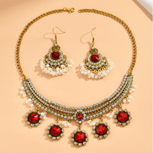 欧美跨境 波西米亚时尚复古红宝石饰品套装 珍珠滴珠夸张项链耳坠