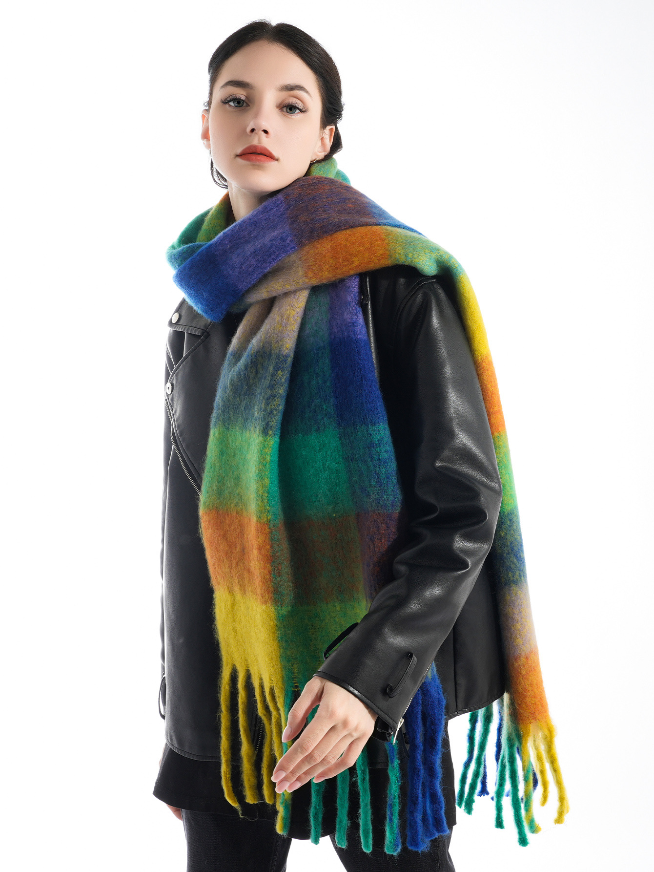 Cross-Border New Arrival Mohair Rainbow Plaid Scarf Women's Fashion High-Grade Knitted Tassel Thickened Warm Shawl