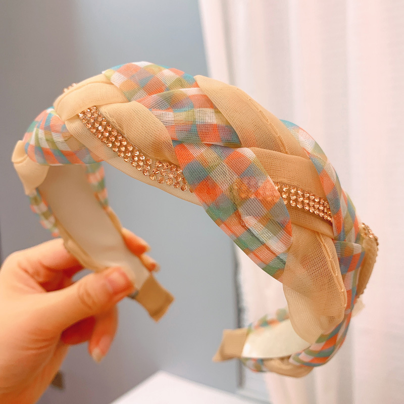 Live Popular Organza Plaid Twist Braid Headband 2022 Summer New Woven Wide-Edged Headband Rhinestone Hairpin