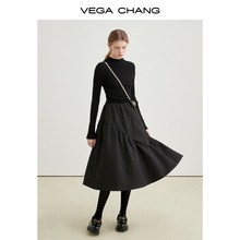 VEGA CHANG黑色连衣裙女2023秋冬装新款拼接针织显瘦高级感裙子