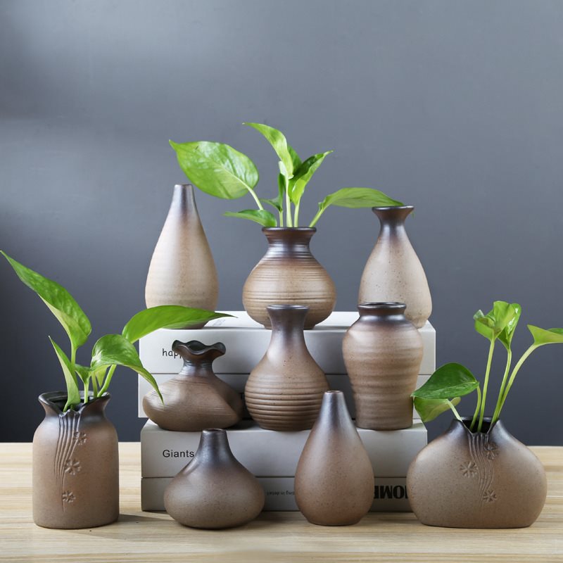 粗陶花瓶禅意古朴客厅花插陶瓷小花器茶台摆件水培植物器皿