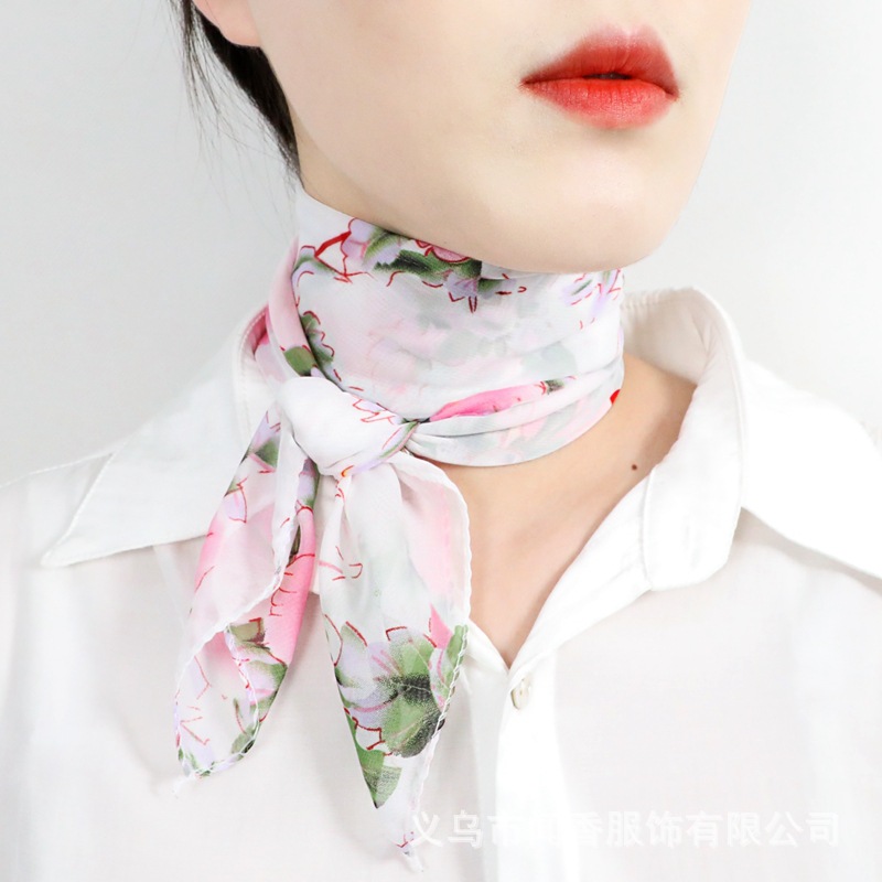 2022 New Spring and Summer Artificial Silk Chiffon Printed Small Square Scarf Women's Temperament Wild Silk Scarf Neck Protection Sunscreen Small Scarf