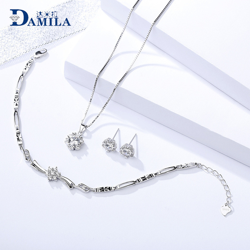 达米拉s925纯银饰品 心形雪花锆石吊坠项链手链耳钉套装 现货批发