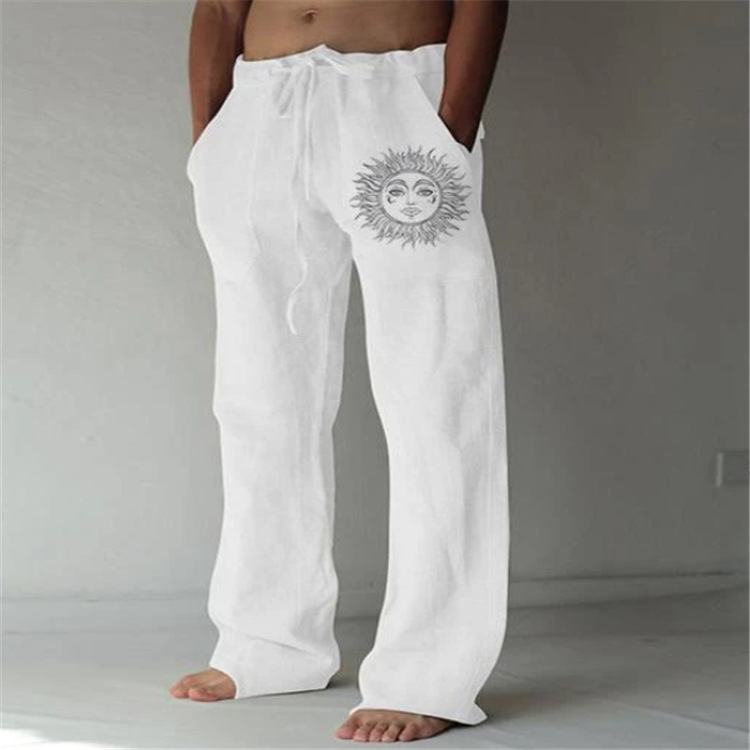 European and American Amazon Men's New Drawstring Elastic Cotton and Linen Loose Casual Trousers