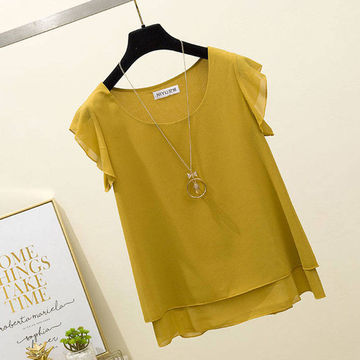 短袖雪纺衫女夏季新款纯色上衣洋气小衫宽松圆领遮肚子打底娃娃衫