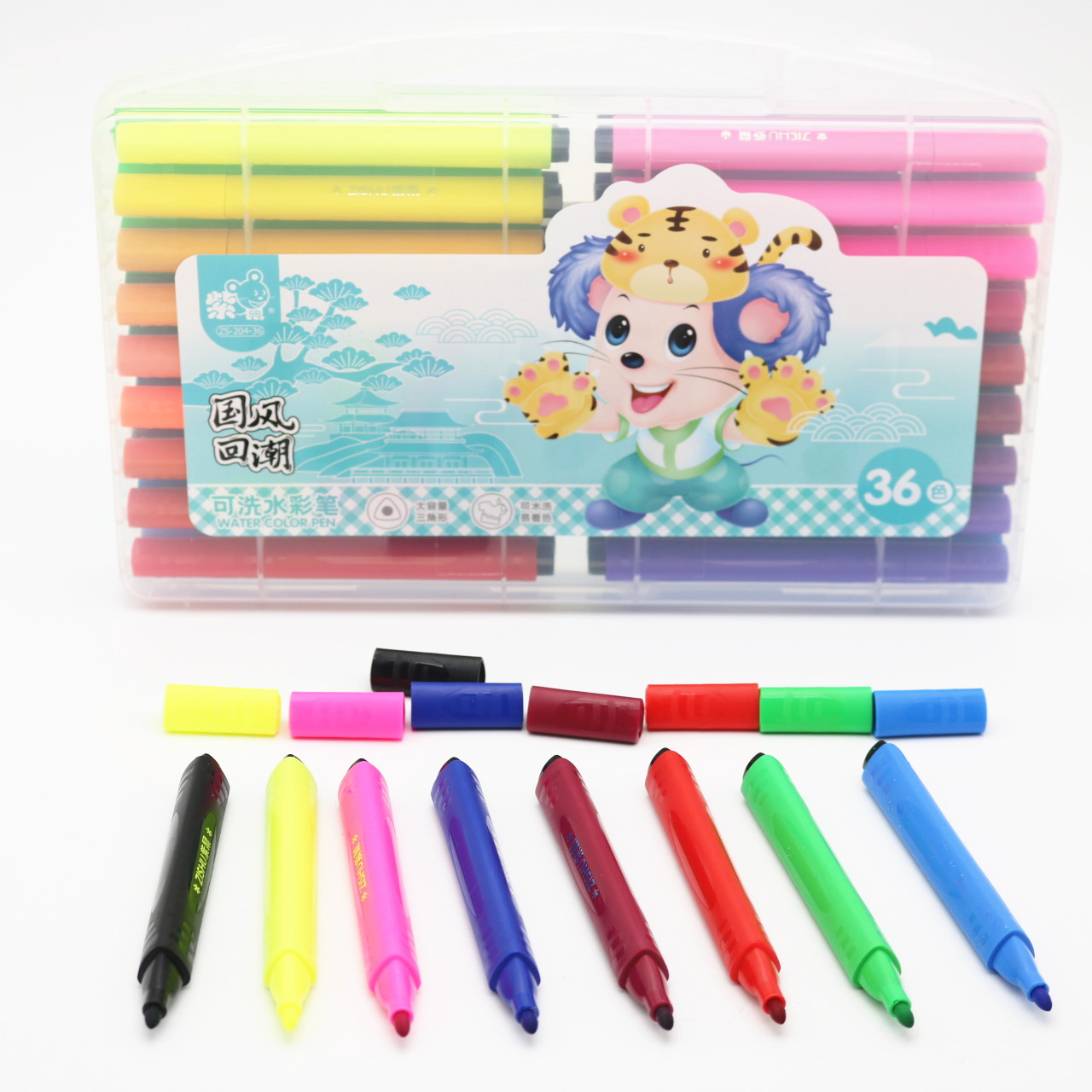 批发紫鼠204儿童三角握杆大容量可水洗水彩笔36色三角杆彩笔文具
