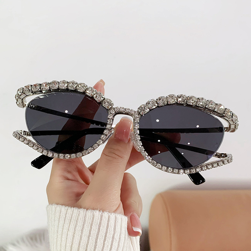 Foreign Trade Cross-Border Cat Eye-Shaped Diamond Sunglasses European and American Street Shot Glasses Internet Celebrity Model Personality Colorful Crystals Sunglasses for Women