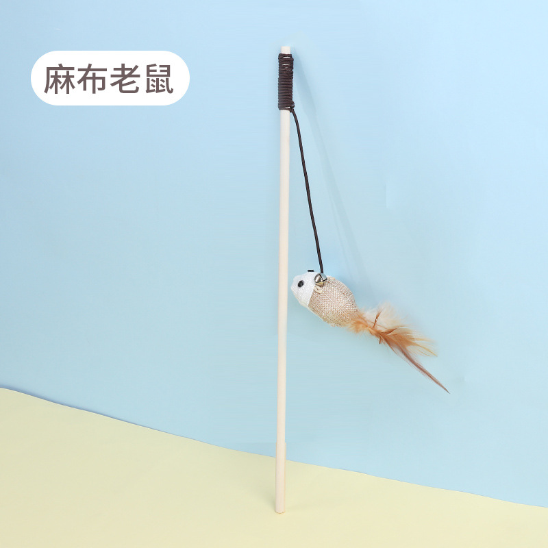 Factory in Stock New Mouse Wooden Cat Playing Rod Cat Toy Pet Supplies Feather Bell Wooden Pole Cat Teaser