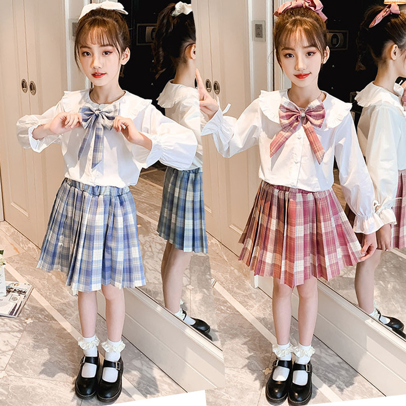 girls‘ jk suit spring 2024 new children‘s preppy style pleated skirt medium and big children bow two-piece set