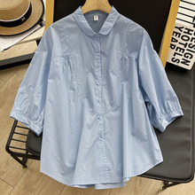 蓝色衬衫女中袖2024夏季新款宽松显瘦休闲上衣设计感别致纯棉衬衣