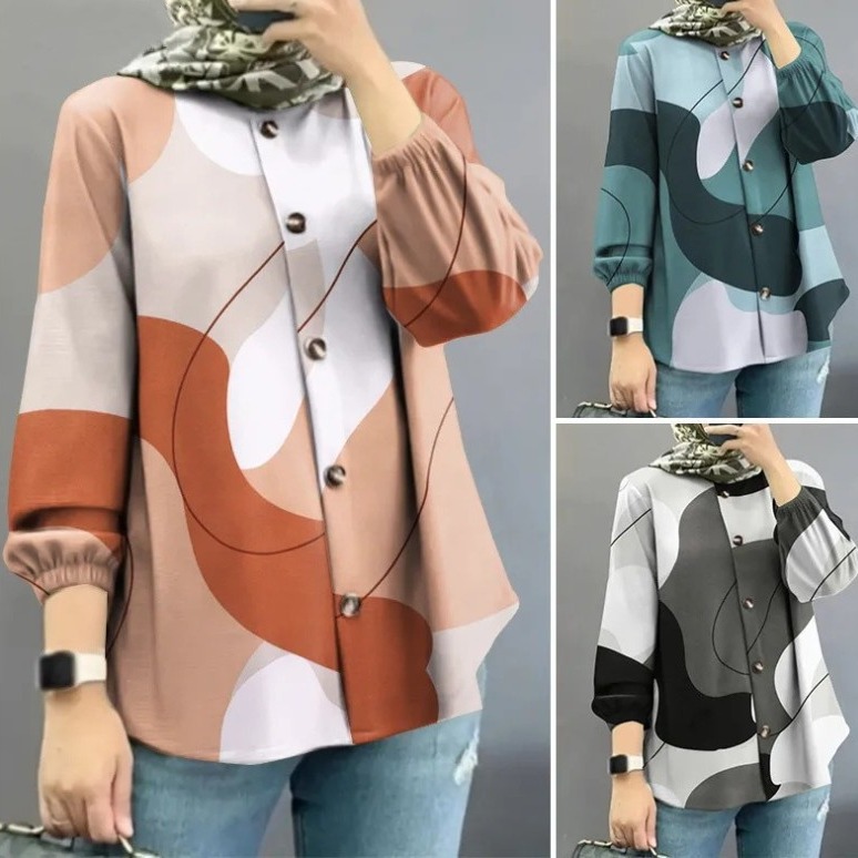 female top 2023 women‘s muslim floral shirt robe fashion puff sleeve shirt