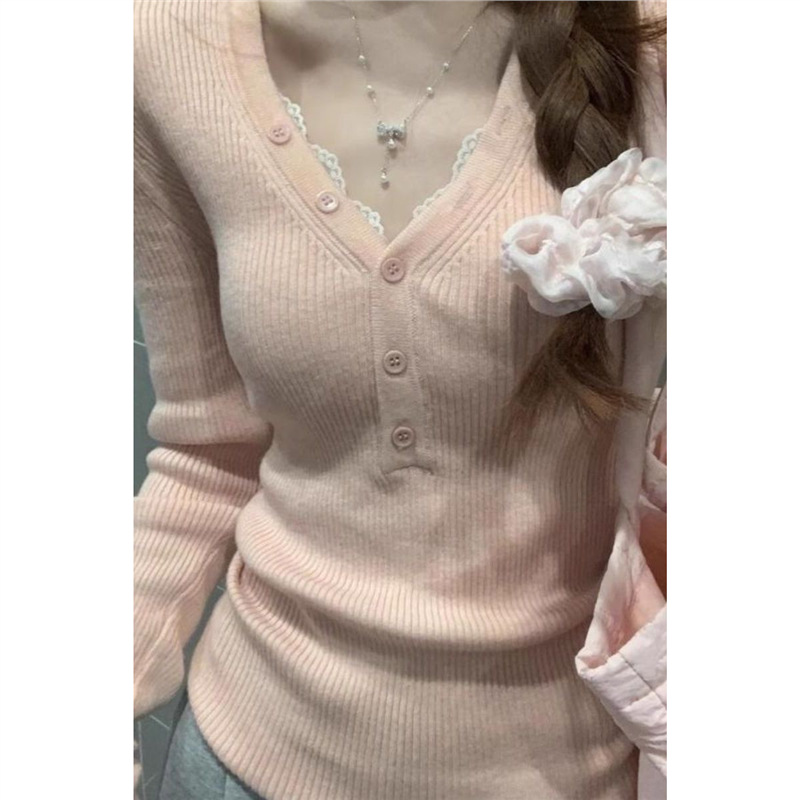 纯欲修身V领蕾丝边打底衫女秋冬季内搭高级感毛衣长袖针织衫上衣