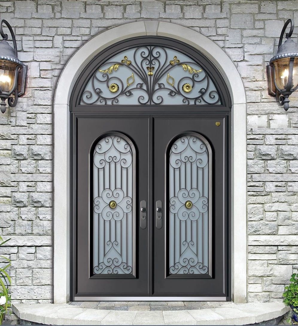 非标大门半圆弧气窗双开门仿真铜防盗门高档别墅进户门安全门厂家