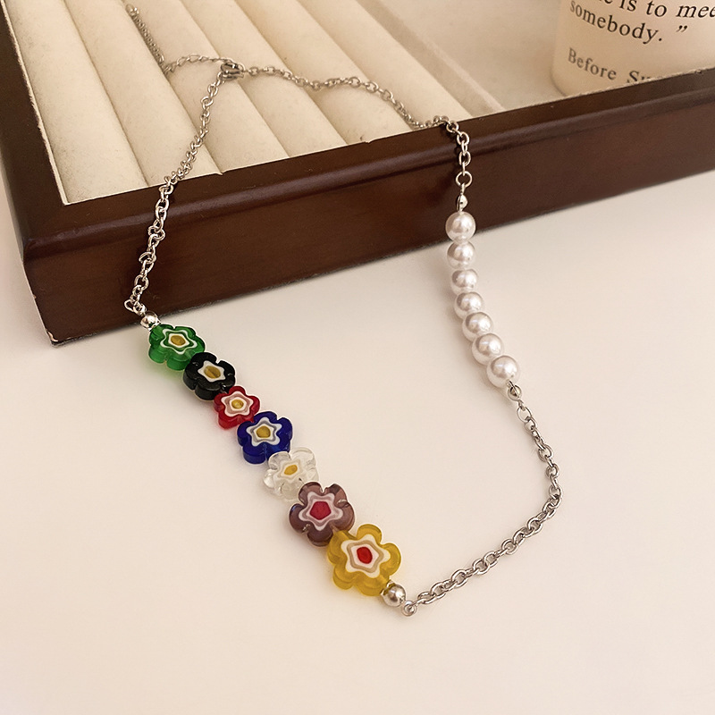 Colorful Flower Pearl Heart Beaded Necklace Sweet Fresh Clavicle Chain 2023 New Necklace Women Wholesale