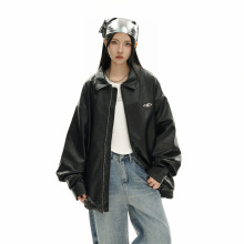 美式街头复古机车服黑色皮衣外套女秋冬重磅宽松情侣翻领夹克外套