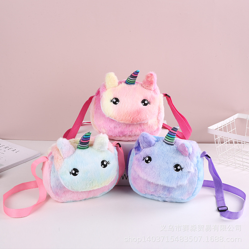 plush crossbody bag new round-eye unicorn children‘s fur messenger bag color satchel flap girls‘ shoulder bag