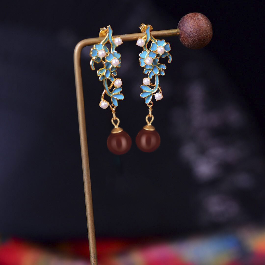 复古民族风景泰蓝耳环女宫廷纯银珐琅彩镶嵌和田玉水滴耳坠长款女