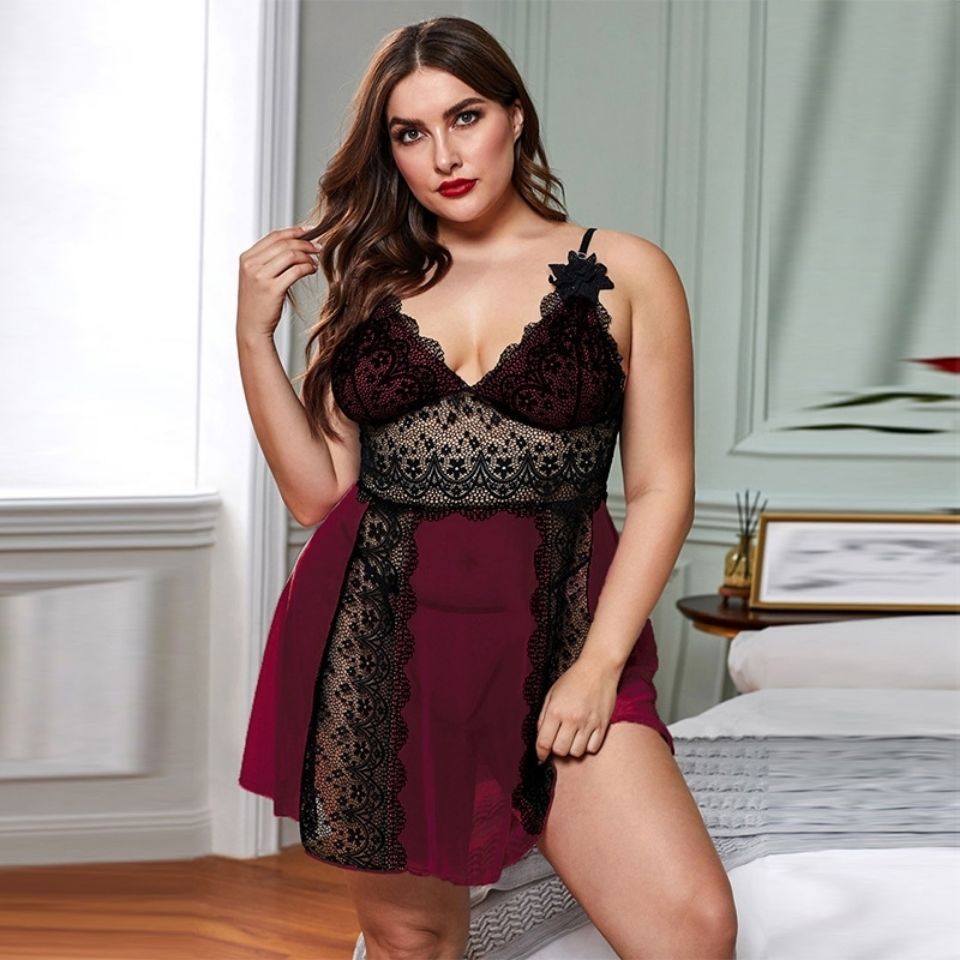 Cross-Border 9900 Sexy Deep V Strap Lace Nightdress Female European and American Fat Woman plus Size Mesh See-through Sexy Skirt