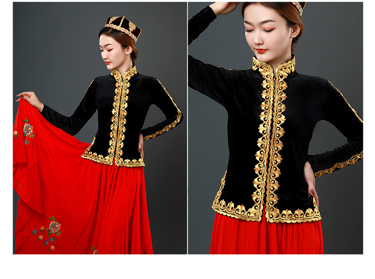 新疆广场舞民族服装上衣女中老年长袖金丝绒刺绣贴花维族舞台演出