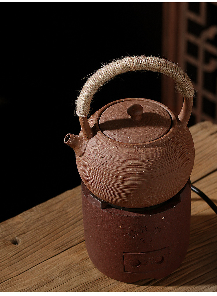 复古粗陶原矿高温陶壶煮茶陶瓷壶提梁壶活沙壶煮茶器茶道烧水壶