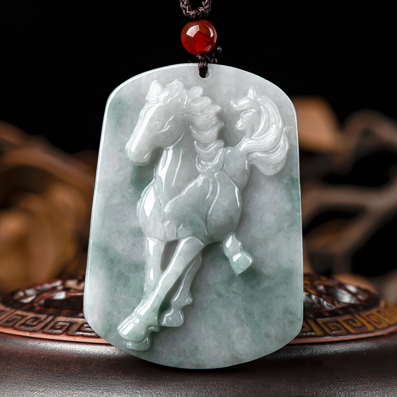 天然缅甸a货翡翠马牌马到成功冰种玉石吊坠挂件男士项链女款玉佩